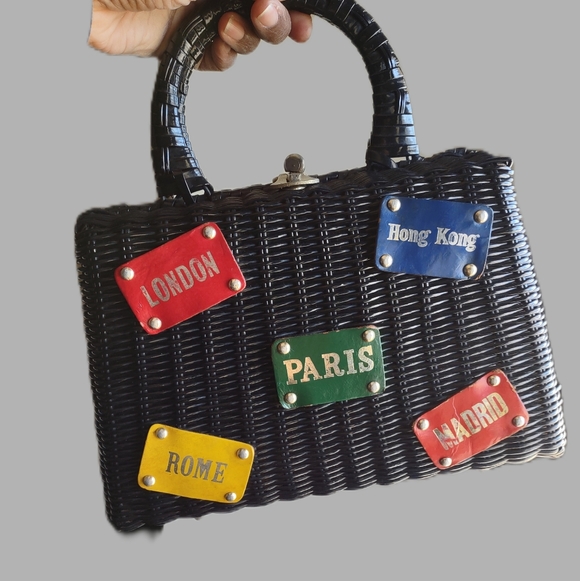 Handbags - Vintage 1960's Black Wicker Handbag with Colorful Plaques By ADG Fashion Import